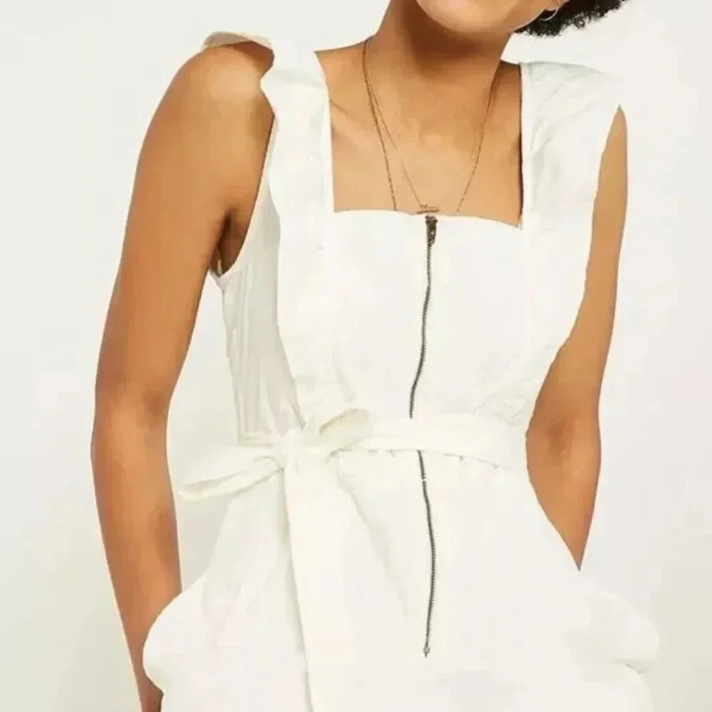 Free People Sun Valley Jumpsuit Womens Sz 2 White Sleeveless Cotton Denim Ruffle - Picture 5 of 16